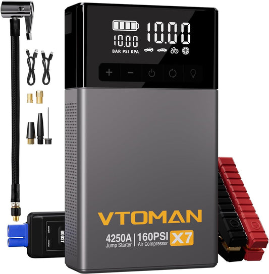VTOMAN X7 Jump Starter with Air Compressor, 4250A Portable Car Starter (Up 10L Gas/10L Diesel Engine) with 160PSI Digital Tire Inflator,12V Lithium Battery Charger Booster Box with Jumper Cables