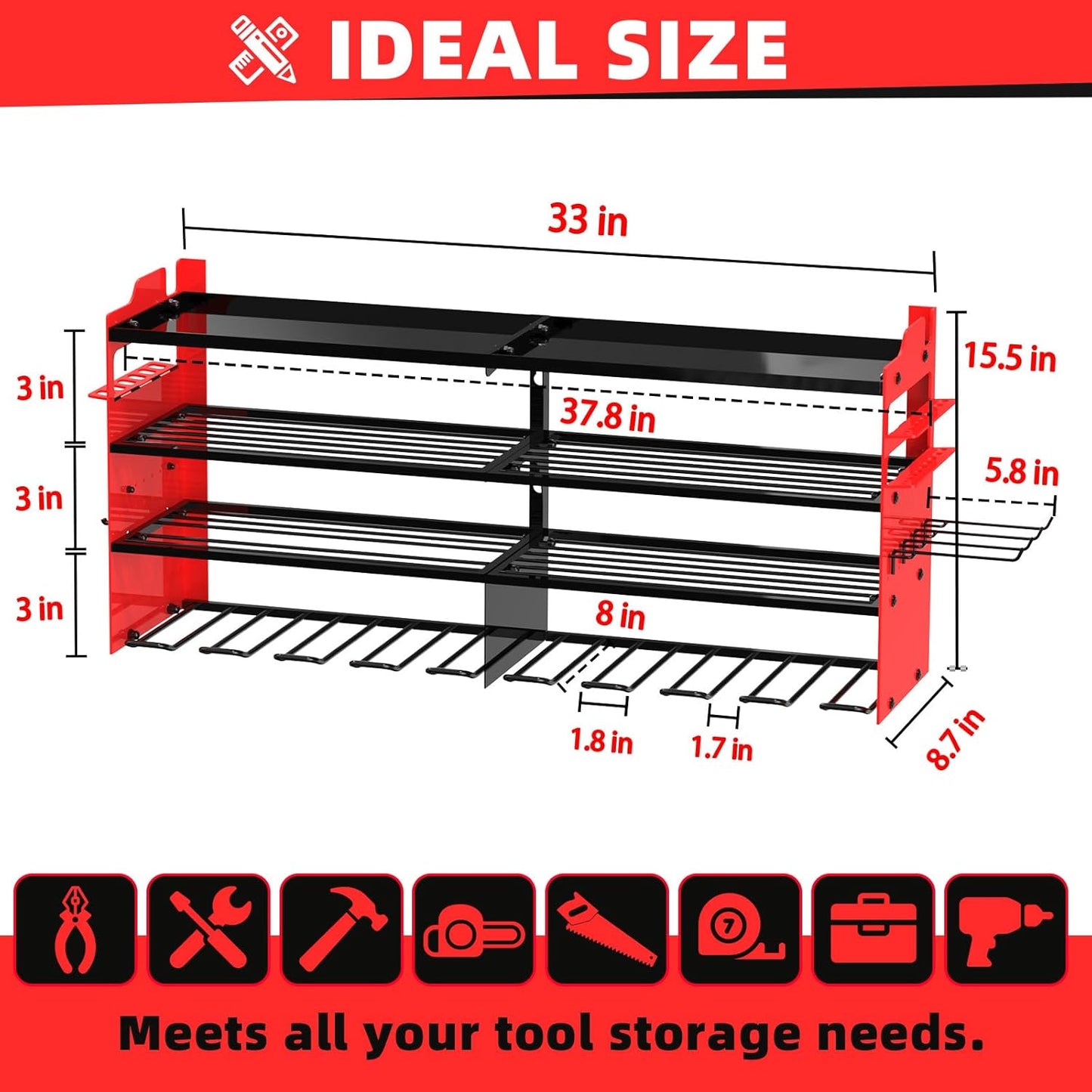 Power Tool Organizer Wall Mount with 8-Drill Holders-400Lbs Load Heavy Duty Metal 4-Layers Garage Storage & Organization Battery Tools Rack with Side Panels Utility Racks Workshop Gifts for Men