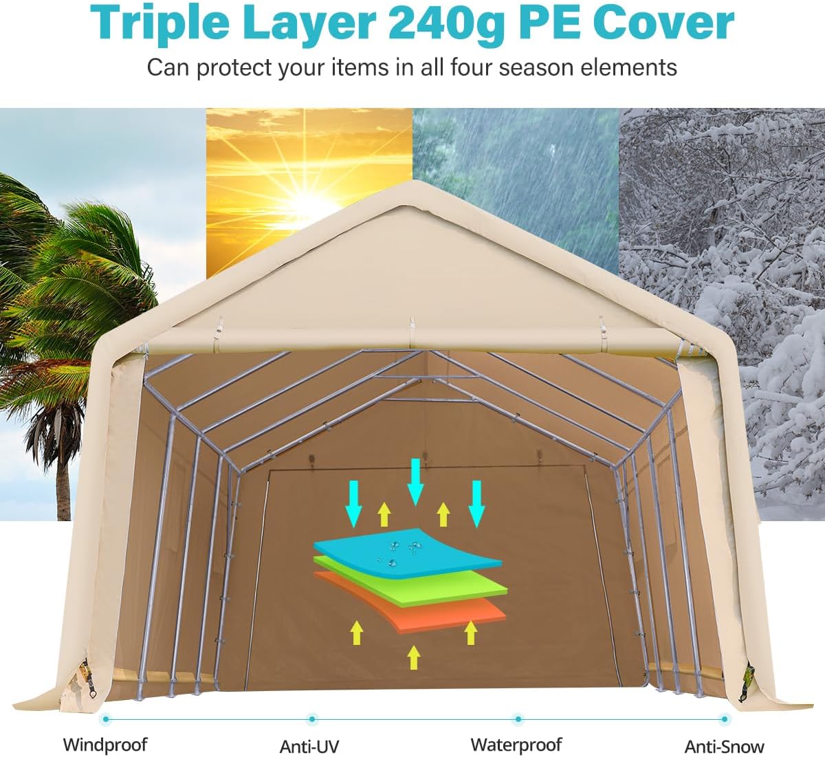 ADVANCE OUTDOOR 13x20 ft Carport 2 Roll up Doors & Vents Outdoor Portable Storage Shelter Garage Tent for Vehicle Boat Truck Anti-UV Snow Resistant Waterproof, Beige