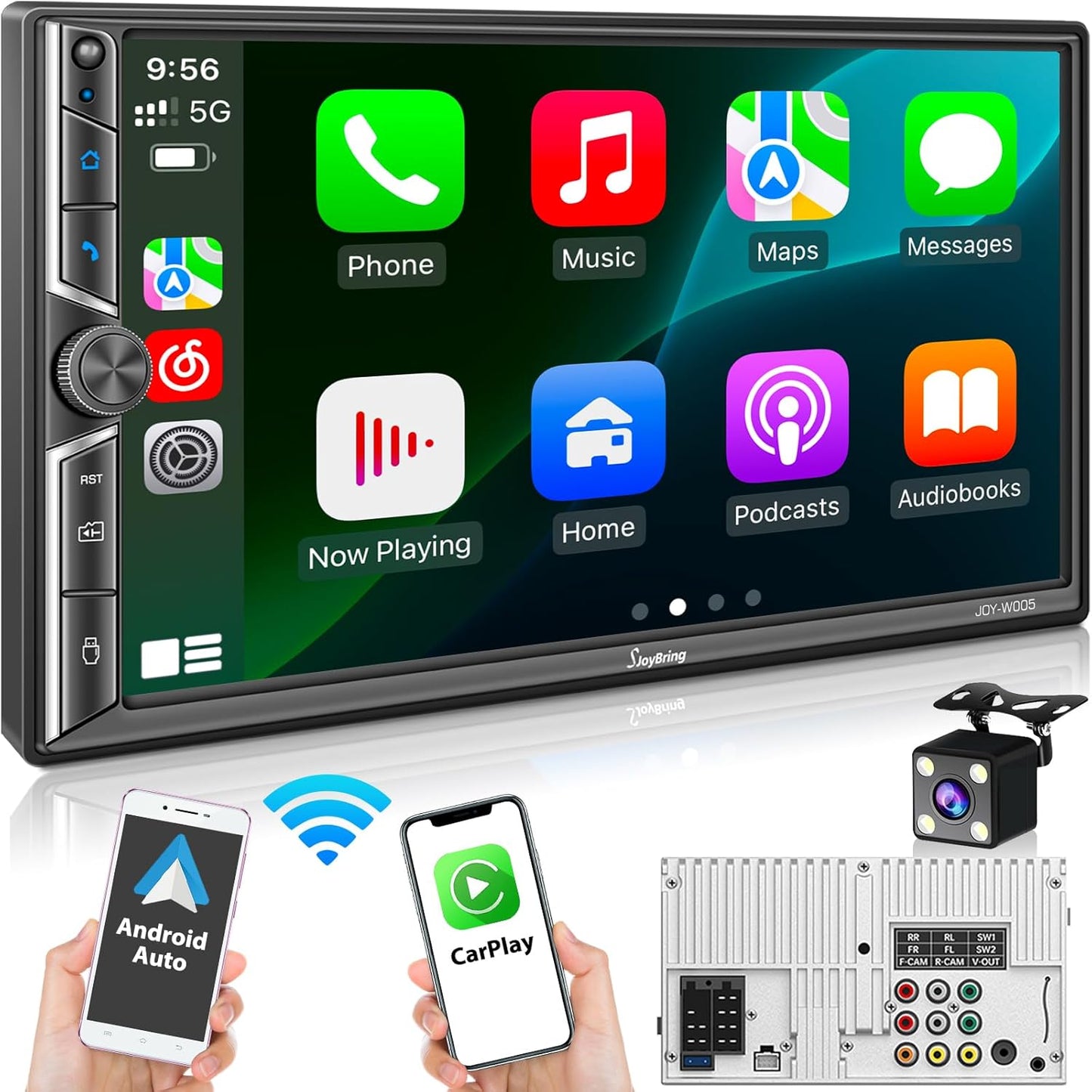Double Din Car Stereo with Wireless Apple CarPlay and Android Auto, Bluetooth 5.3 Car Play, Mirrorlink, 7" HD Touchscreen, Backup Camera, 240W 4.2 CHN 2 Subwoofers Outputs, AM/FM Car Radio