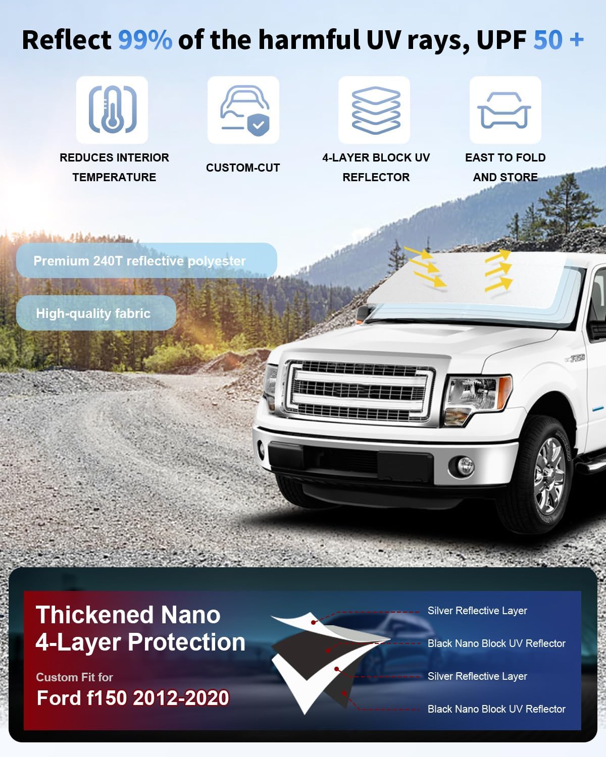 for F150 Car Windshield Sun Shade for 2015-2020 Ford F150 Lariat, King Ranch, Platinum, XL XLT Limited Raptor Accessories 2025 Upgrade Front Window Sunshade 2 Layer 240T Custom Fit Sun Visor Protector