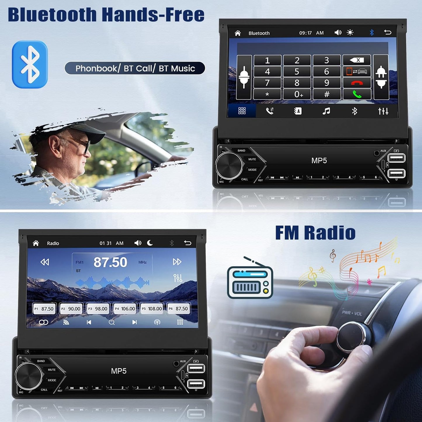 Single Din Touchscreen Car Stereo with Wireless Carplay&Android Auto,7 Inch Car Radio Flip Out MP5 Play with BT FM Radio EQ Mirror Link Car Audio with USB/TF/AUX-in SWC+Backup Camera+Microphone