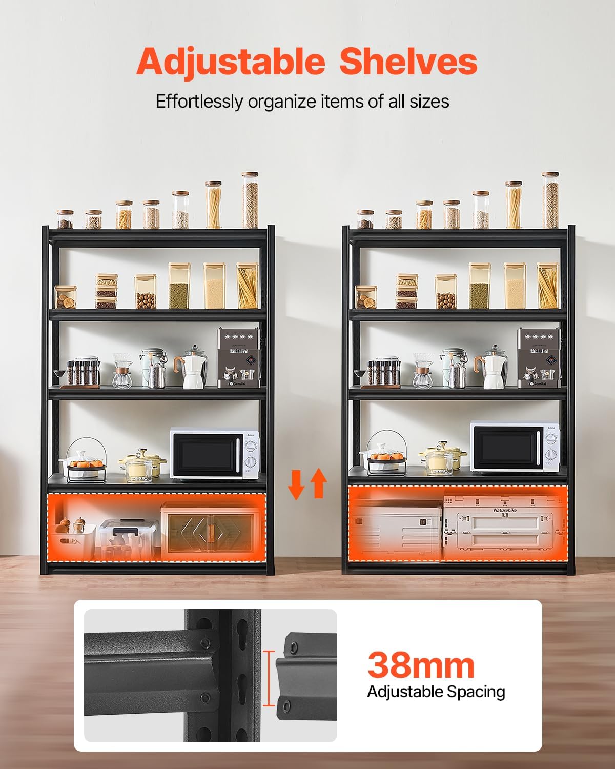 VEVOR Storage Shelves, 3000 lbs, 5 Tier Garage Storage Shelving, 24" D x 48" W x 72" H Adjustable Metal Shelves for Garage Shelves Utility Rack Shelf, Ideal for Kitchen, Warehouse, Basement, Black