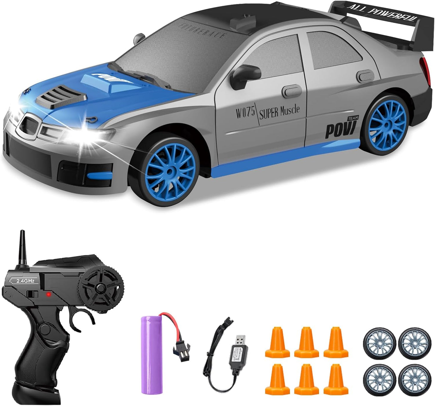 RC Drift Car, 1/24 2.4GHz 4WD Remote Control Car High Speed Drift RC Cars with LED Lights, Rechargeable Battery and Drifting Tires Racing Toy Cars for Kids Boys Girls Adults(Grey)