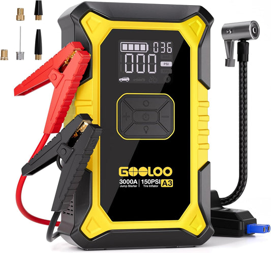 GOOLOO A3 Jump Starter with Air Compressor, 3000A Portable Car Battery Jumper Starter (9.0 Gas/6.5L Diesel) with 150PSI Auto-Shutoff Tire Inflator, 12V Supersafe Lithium Jump Box Car Booster, Yellow