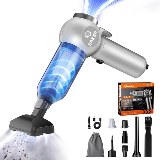 Saker Car Vacuum Portable 6-in-1 Handheld Cordless Vacuums, 20000PA Suction, 7800mAh Blower, Window Breaker, Seatbelt Cutter for Car, Home & Office Cleaning SW102 Silver