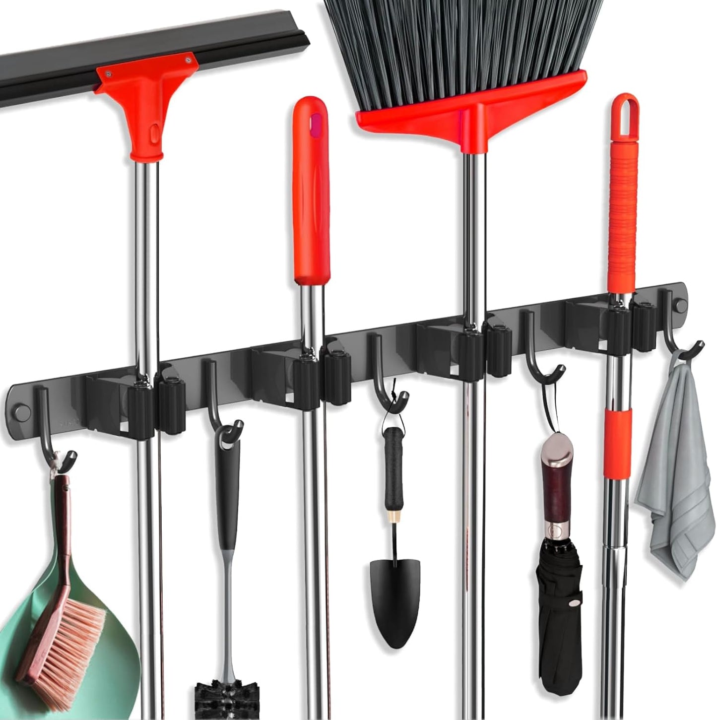 Mop and Broom Holder Wall Mount, Upgraded Broom Hanger Wall Mount, Stainless Steel Broom Organizer for Closet Garage Laundry Room Kitchen Wall Decor(4Racks 5Hooks Black)