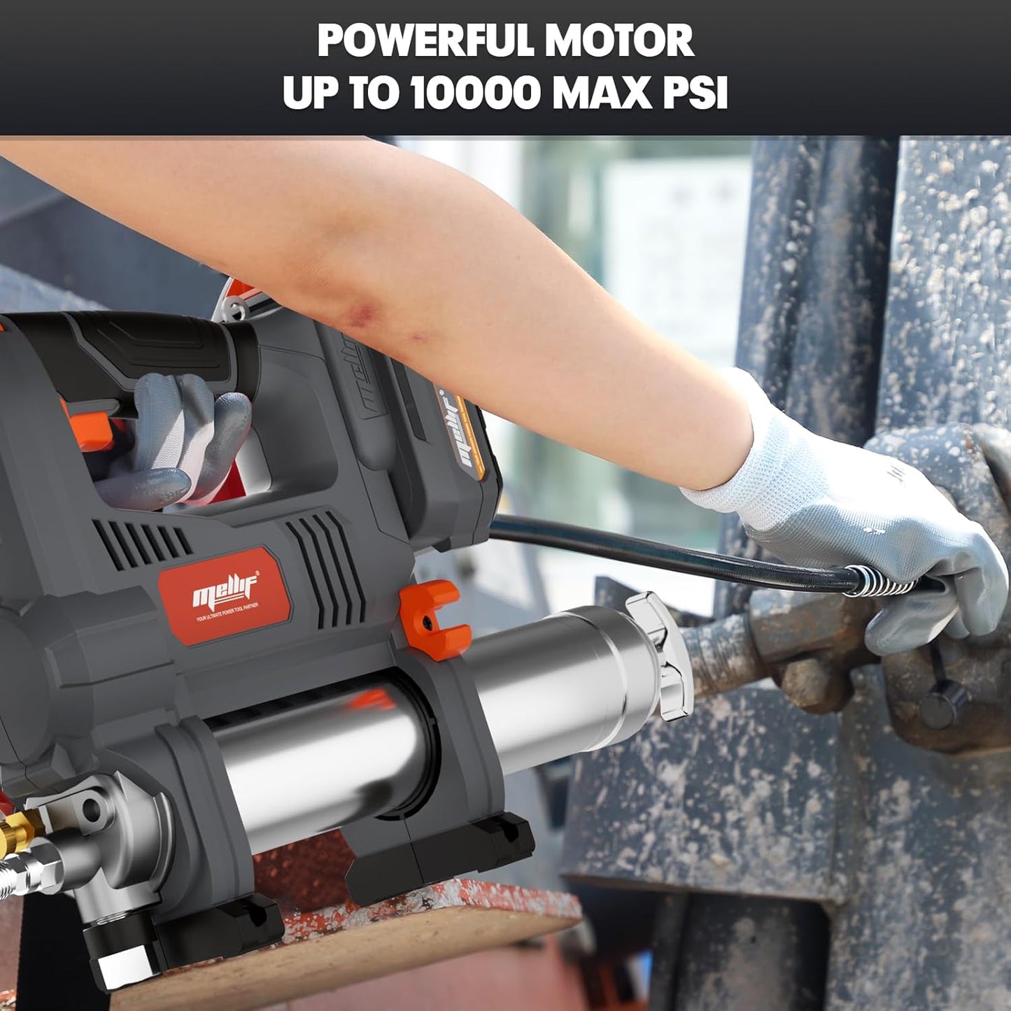 Mellif Cordless Power Grease Gun Compatible with DeWalt 20V MAX Battery, 10,000 PSI, Brushless Motor, 14 oz Capacity, 30" Hose, Built-in LED, Safety Lock, Includes 2.0Ah Battery & Fast Charger