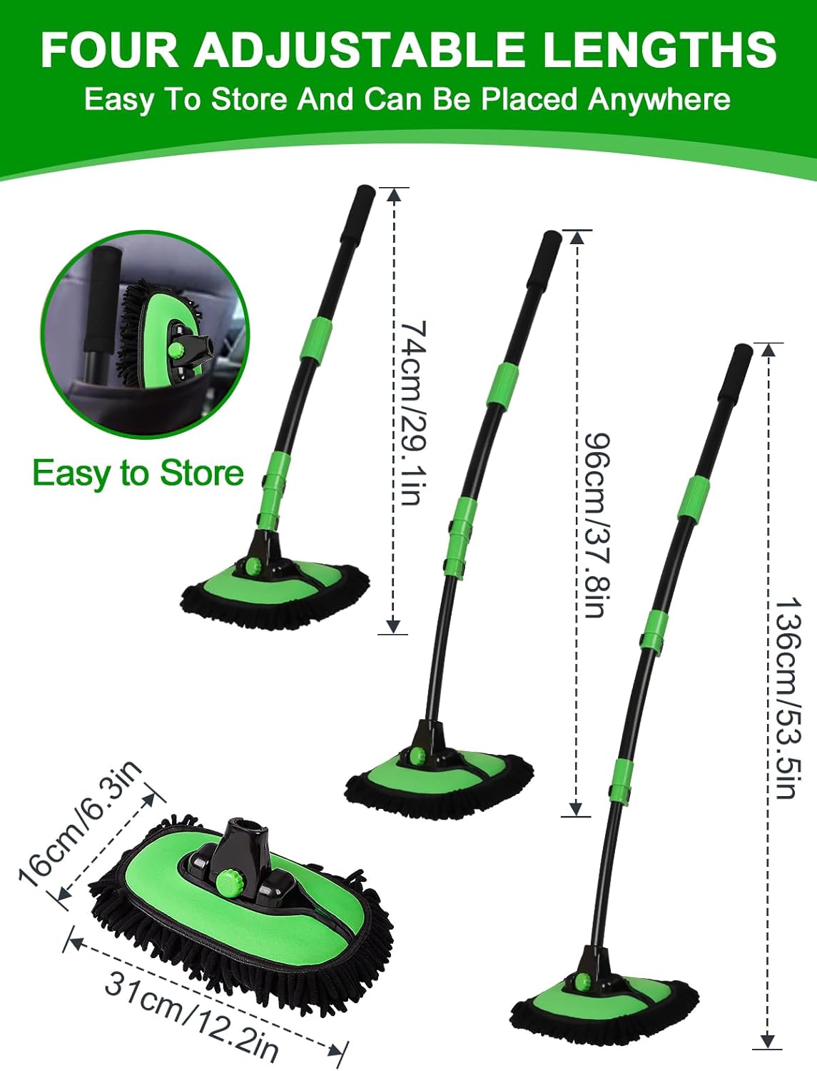 53" 15° Curved Car Wash Brush with Long Handle High Density Chenille Soft Bristle Brush Head Suitable for Cleaning Detail Roof Wheel Windshields Truck SUV RV Window