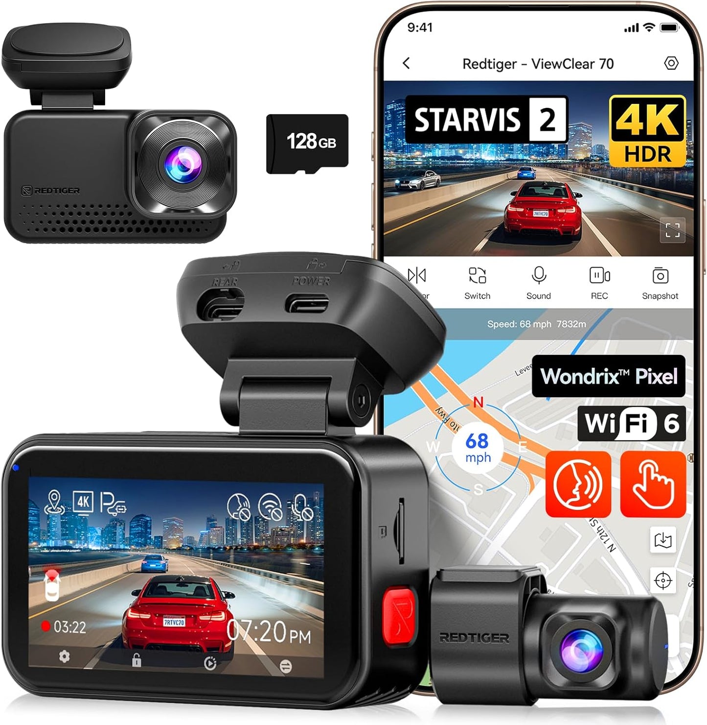 REDTIGER ViewClear 70 4K+2.5K Dash Cam Front and Rear, STARVIS 2 IMX678 x Wondrix™ Sensor, Dual HDR Hyper Night Clarity, 5.8GHz WiFi 6, 30MB/S Fast Download, Dash Camera with 24H Parking Monitor