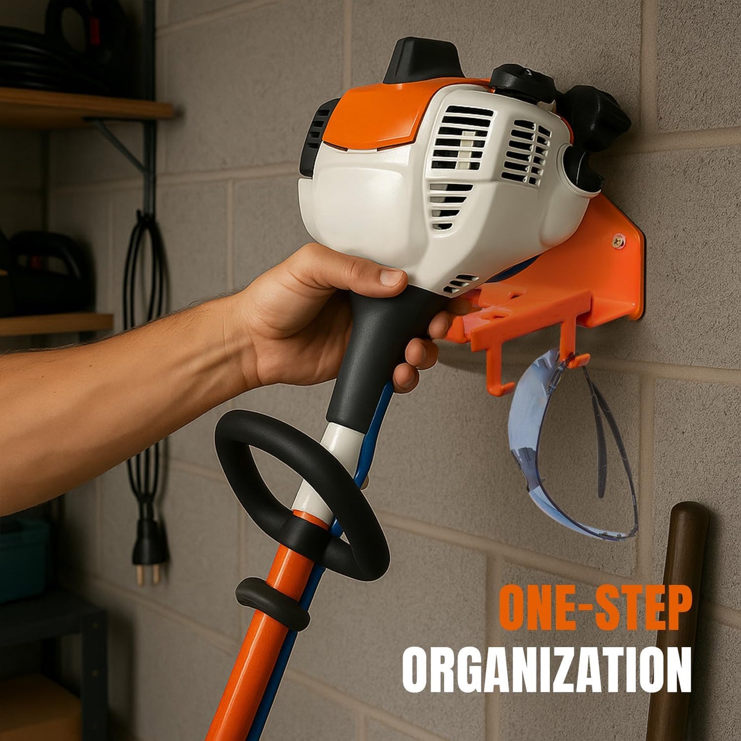 Weed Eater Hanger with Extra Hook for Harness Strap & Accessories, Heavy Duty Trimmer Rack, Wall Mount Garage Storage & Shed Organizer for Grass Trimmer, Hedge Trimmer, Leaf Blower,Multi-Purpose-1Pack