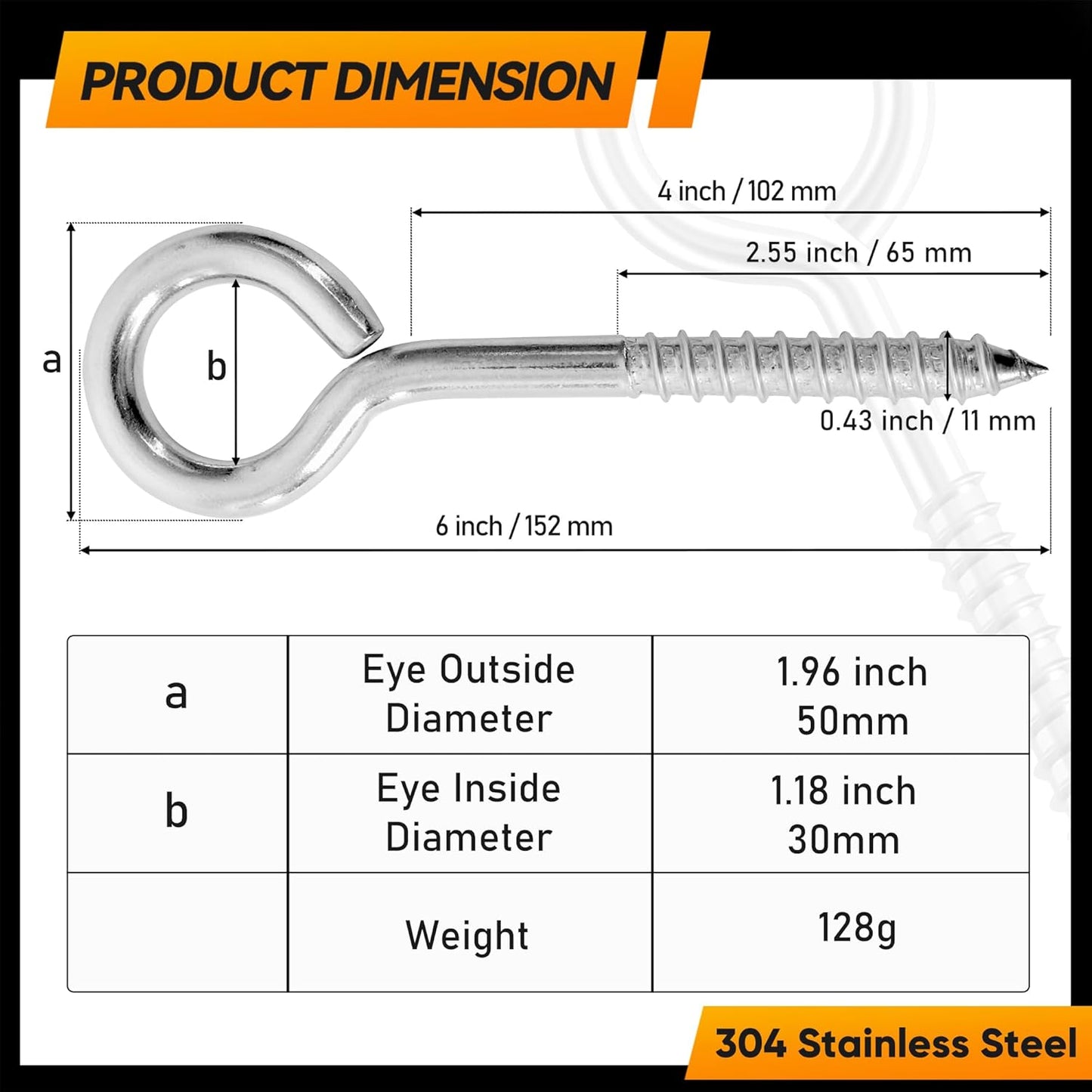 8Pcs 6 Inch Heavy Duty Screw Eyes Hooks, 304 Stainless Steel Self Tapping Eyelet Screw Eye Bolts,800LBS Breaking Strength, Screw in Eye Hooks for Wood Securing Cables Wire. (8, M10-6 Inch)