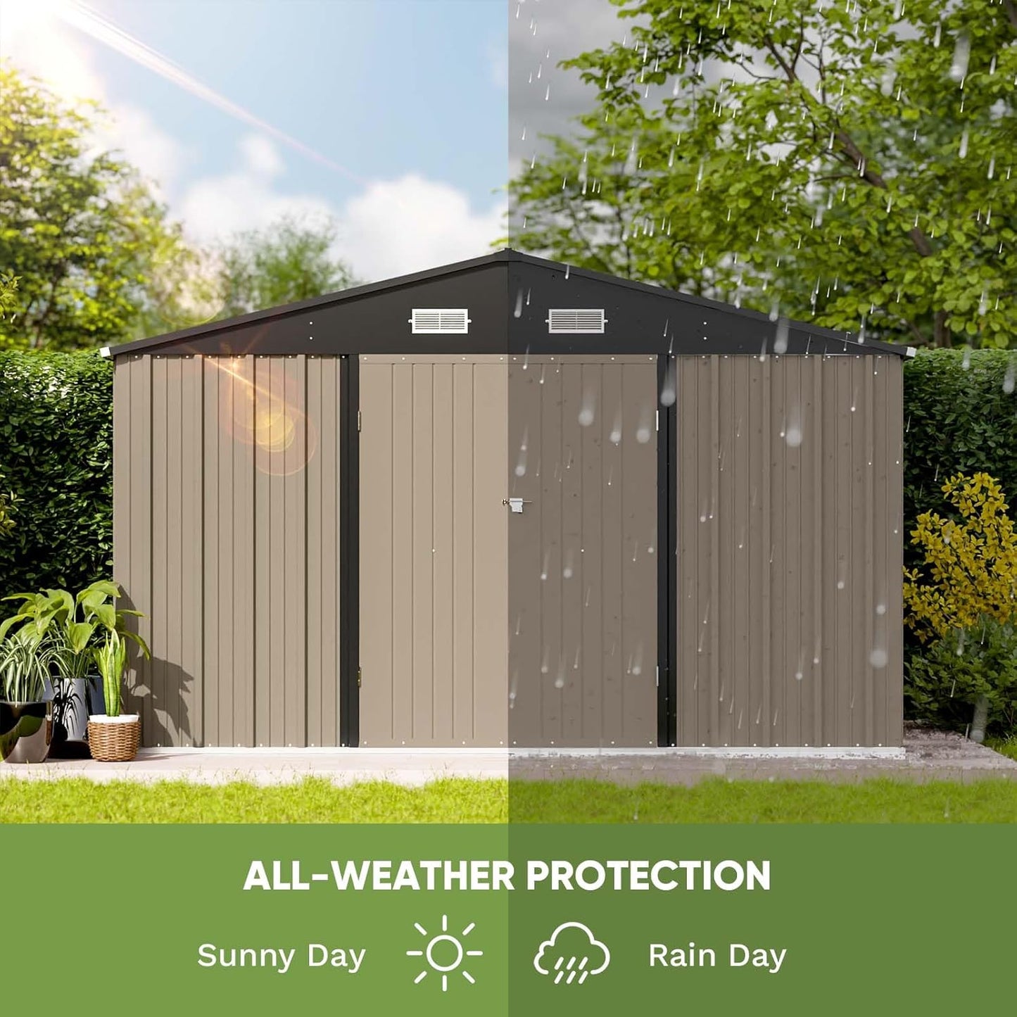 Patiowell 10 x 8 FT Outdoor Storage Shed with Floor Frame, Large Garden Tool Metal Shed with Sloping Roof and Double Lockable Door for Backyard Garden Patio Lawn,Brown