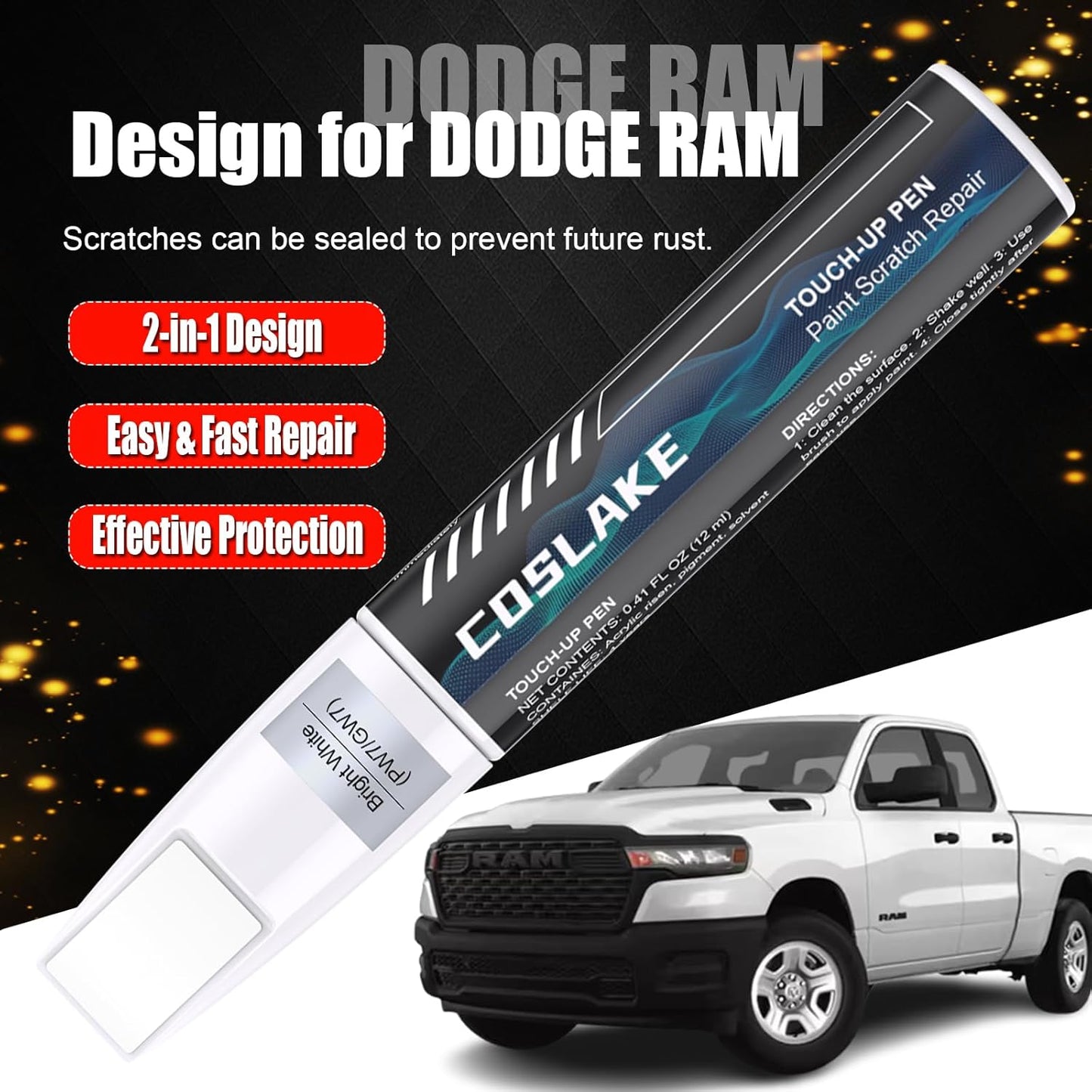 Car Touch Up Paint(Granite Crystal Metallic(PAU/LAU) ) for Dodge Ram, Car Paint Scratch Repair Kit, Quick & Easy Solution to Repair, 2 in 1 Scratch Remover Pen with 2PCS Disposable Micro Applicators