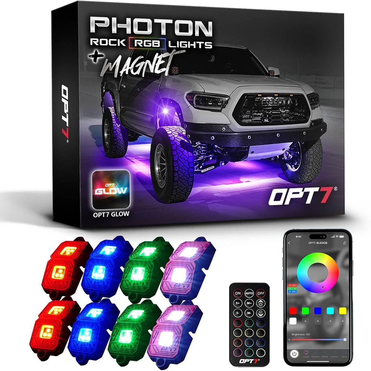 OPT7 Photon RGB LED Magnet Rock Lights with APP & Remote Control, 8 Red Pods Wide Angle Multicolor Neon Underglow Lighting Kit with Extension Wire, IP68 Waterproof for Offroad Truck Jeep RZR ATV UTV