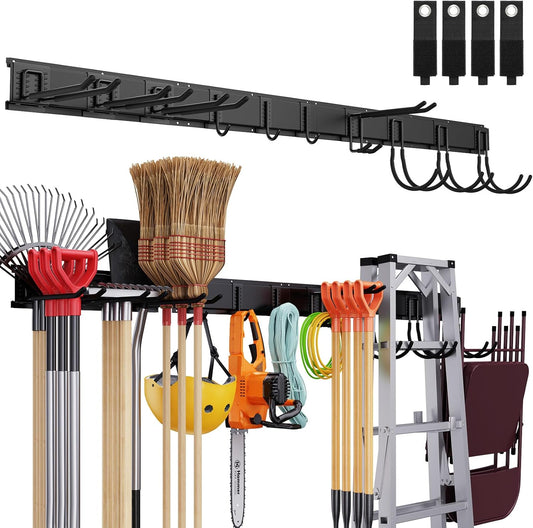 Tool Storage Rack Wall Mount, 64 Inch Adjustable Garden Tool Organizer, Heavy Duty Garage Wall Organizer Rack, Yard Tool Organizer System for Rake Shovel Broom Mop Wall Holder