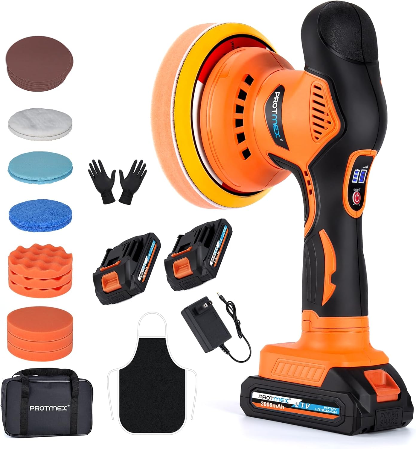 Cordless Car Buffer Polisher w/ 2x2000mAh 21V Batteries, 6 Inch Car buffer Waxer Kit, Car Polishing Machine w/ Extra 18 PCS Attachments & 6 Variable Speed, Car Buffer Polisher for Car Detailing