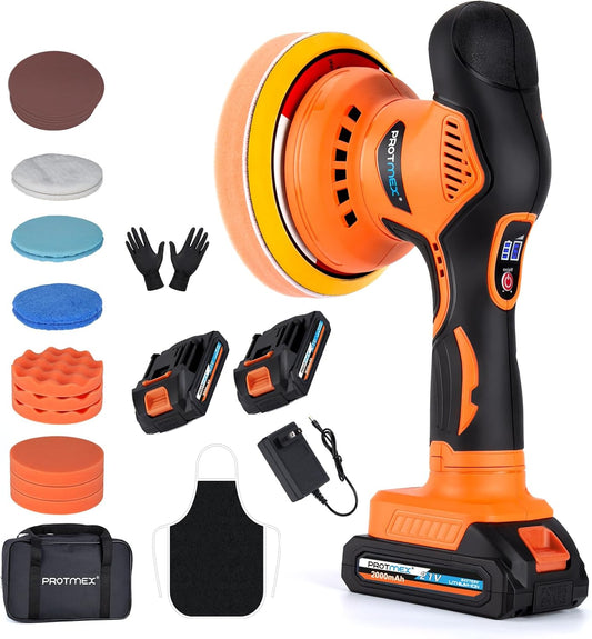 Cordless Car Buffer Polisher w/ 2x2000mAh 21V Batteries, 6 Inch Car buffer Waxer Kit, Car Polishing Machine w/ Extra 18 PCS Attachments & 6 Variable Speed, Car Buffer Polisher for Car Detailing