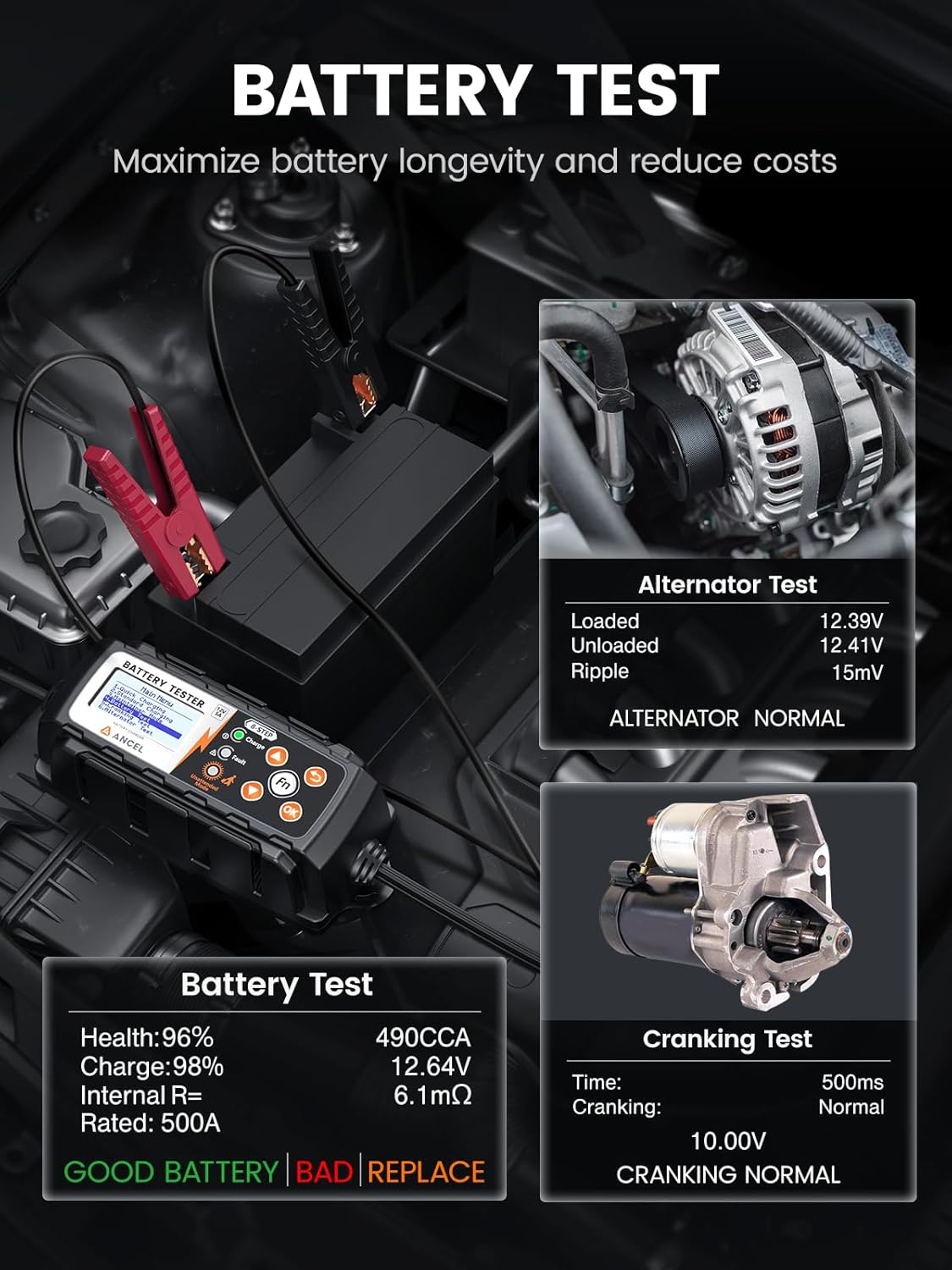 ANCEL BT521 3-in-1 Car Battery Charger, Tester and Maintainer for 12V Lead-Acid Batteries, 5A Smart Trickle Charger and Desulfator with Overcharge Protection & Temperature Compensation, LCD Display