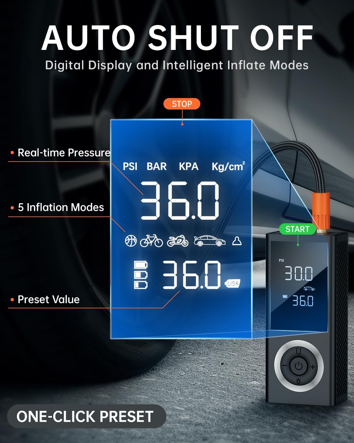 Tire Inflator Portable Air Compressor, 150 PSI Smart Air Pump for Car Tires with Digital Pressure Gauge, LED Light, 12V Car Power Adapter, Storage Box