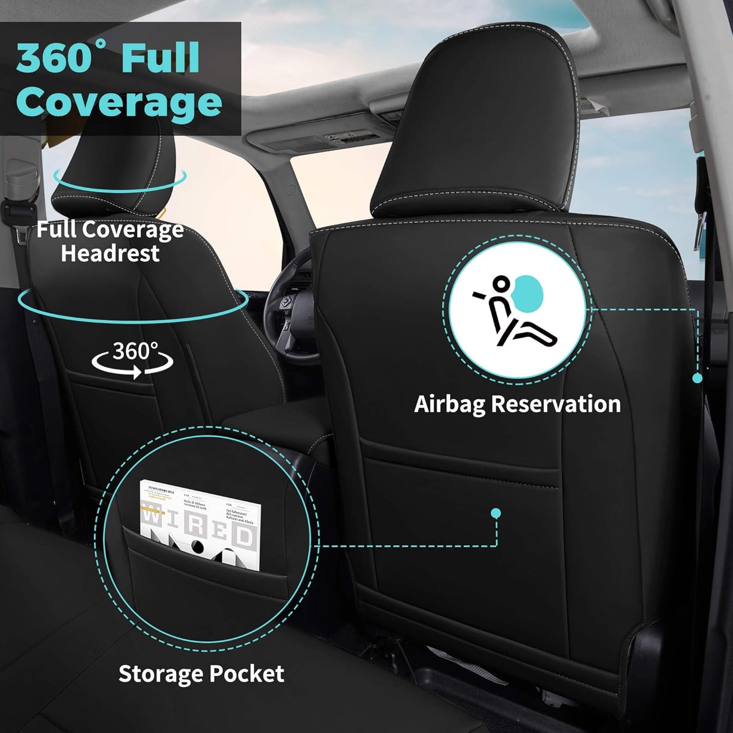 Seat Covers for Toyota 4Runner 2011-2024, Faux Leather Car Seat Cover Full Set, 2-Row-Only for 5 Seats Version-Blackwhite