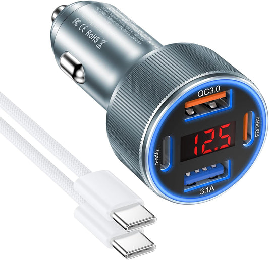 Car Phone Charger for iPhone 16 15, Besgoods USB C Car Charger Adapter 4 Ports with Voltmeter PD&QC Fast Charging Cigarette Lighter for Galaxy S25 S24 S23 A54 A15 Dash Cam, with 6ft USB C to C Cable