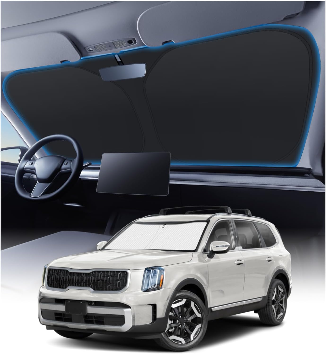 KUST Windshield Sun Shade Custom Fit for Kia Telluride 2020 2021 2022 2023 2024 2025 Sun Shade Front Windshield Sun Visor Foldable Thicker 5-Layer Block Heat and Sun UV Rays