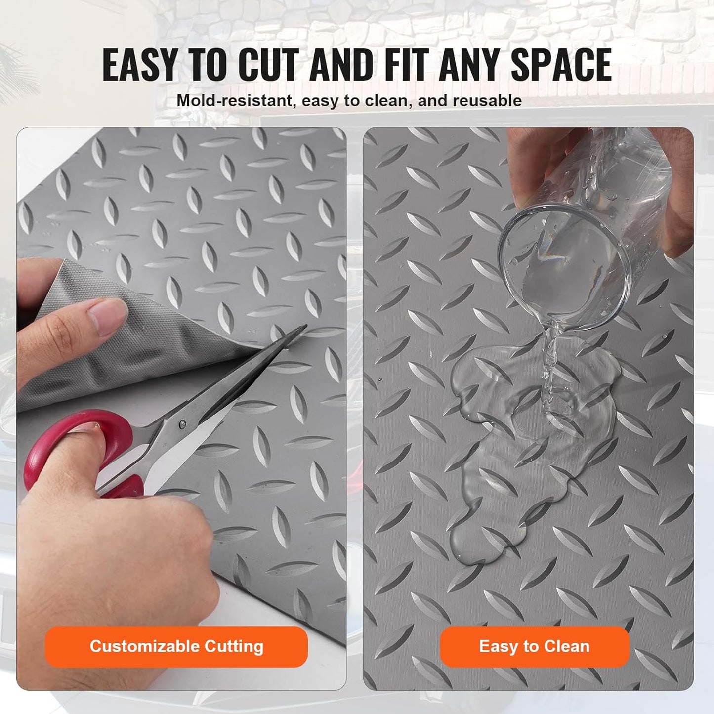 VEVOR Garage Floor Mat, 25.5 x 3.6 FT PVC Garage Flooring Roll, 2.5mm Thickness, Non-Slip Diamond Texture, 91.17 sq.ft Covering Space, Garage Mats for Under Cars for Gyms Boats Trailer, Silver Gray