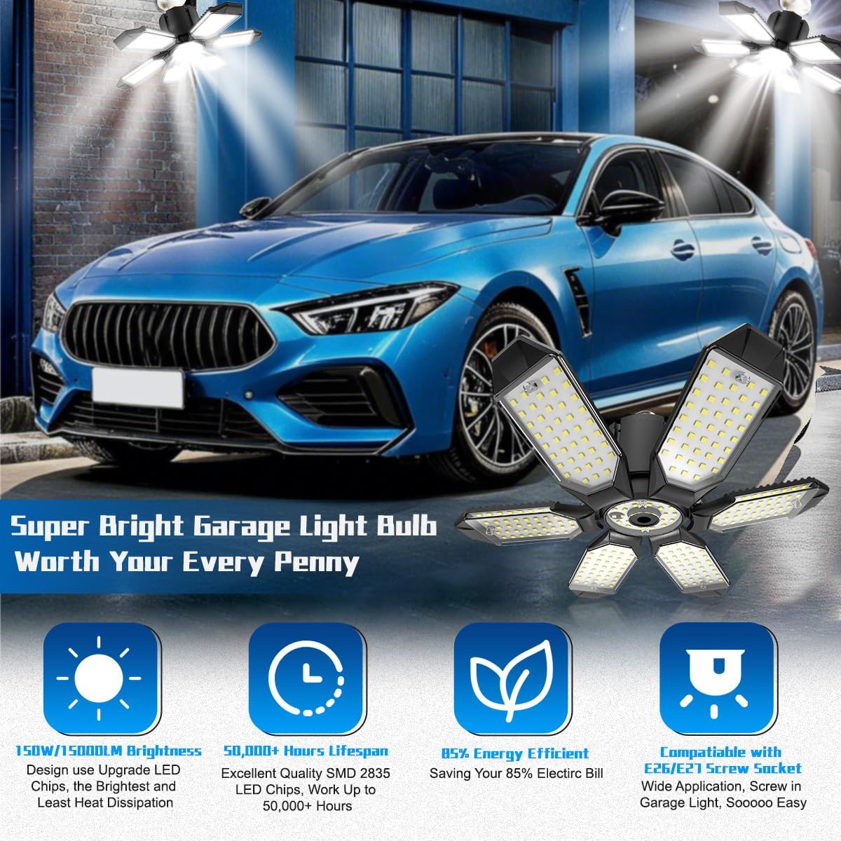 Garage Light Bulbs - Garage Lights Led Screw into Bulb Socket with 6 Deformable Panels 6500K Basement Light Fixture E26 Base Led Shop Lights for Basement Workshop Warehouse Attic - 4Pack