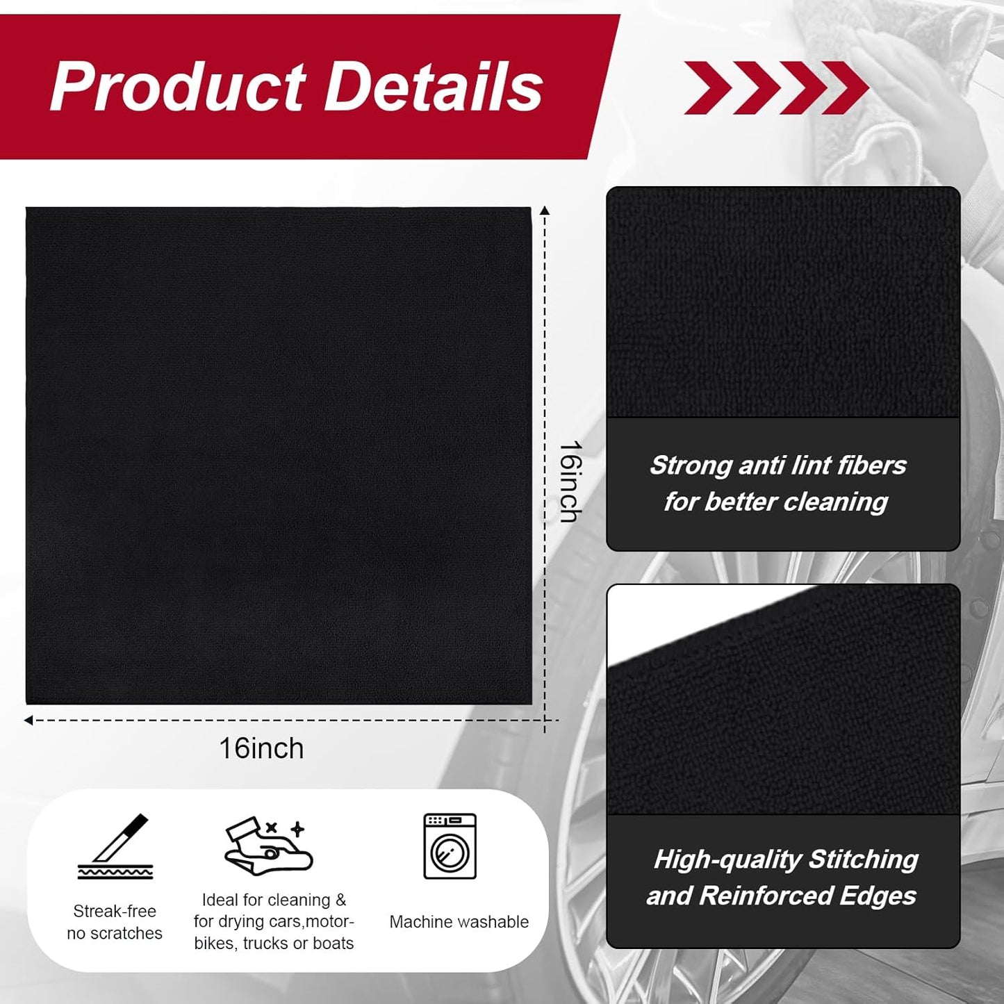 200 Pcs Microfiber Cleaning Cloth 16x16 Inch Microfiber Towels for Car Ultra Absorbent Cleaning Rags Reusable Lint Free Streak Free Detailing Towel for Car Washing Drying Dusting (Black)