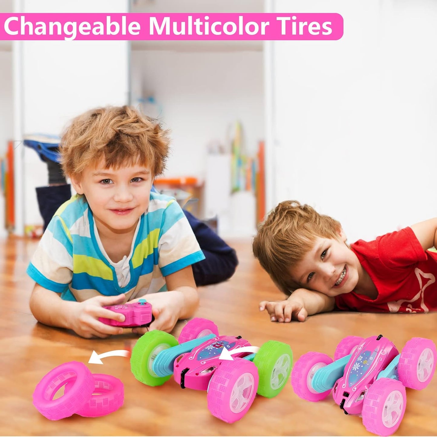 FREE TO FLY Remote Control Car for Girls : Pink RC Car Double Sided 360°Flip Stunt Cars with Headlights & WheelLights Rechargeable Toy Car Birthday Gifts for Girl Kids Age 6 7 8 9 10 11 12 Year Old