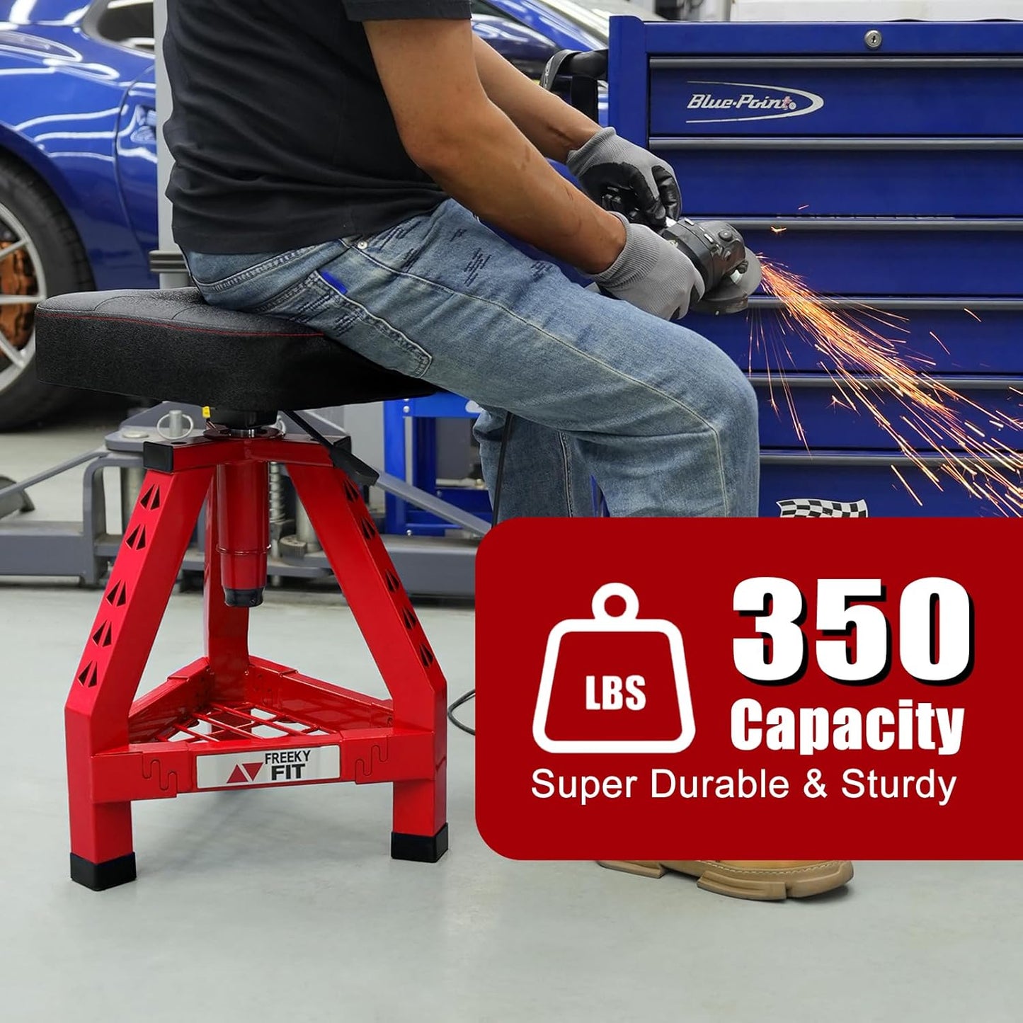 Adjustable Shop Stool,Garage Mechanic Stool Chair,Work Seat for Workshop, Adjustable Height, 360° Swivel Padded Square Seat,Tool Storage, 350 LBS Capacity, Heavy Duty, Red