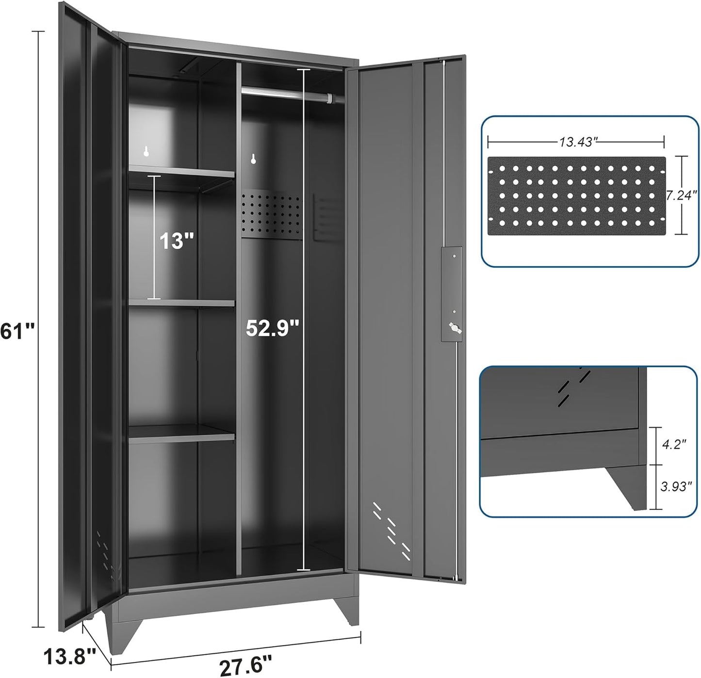 61" H Metal Storage Cabinet, Storage Shed with Shelves for Brooms and mops, Cleaning Supplies Closet with Removable Pegboard for Outdoor, Garage, Utility Room