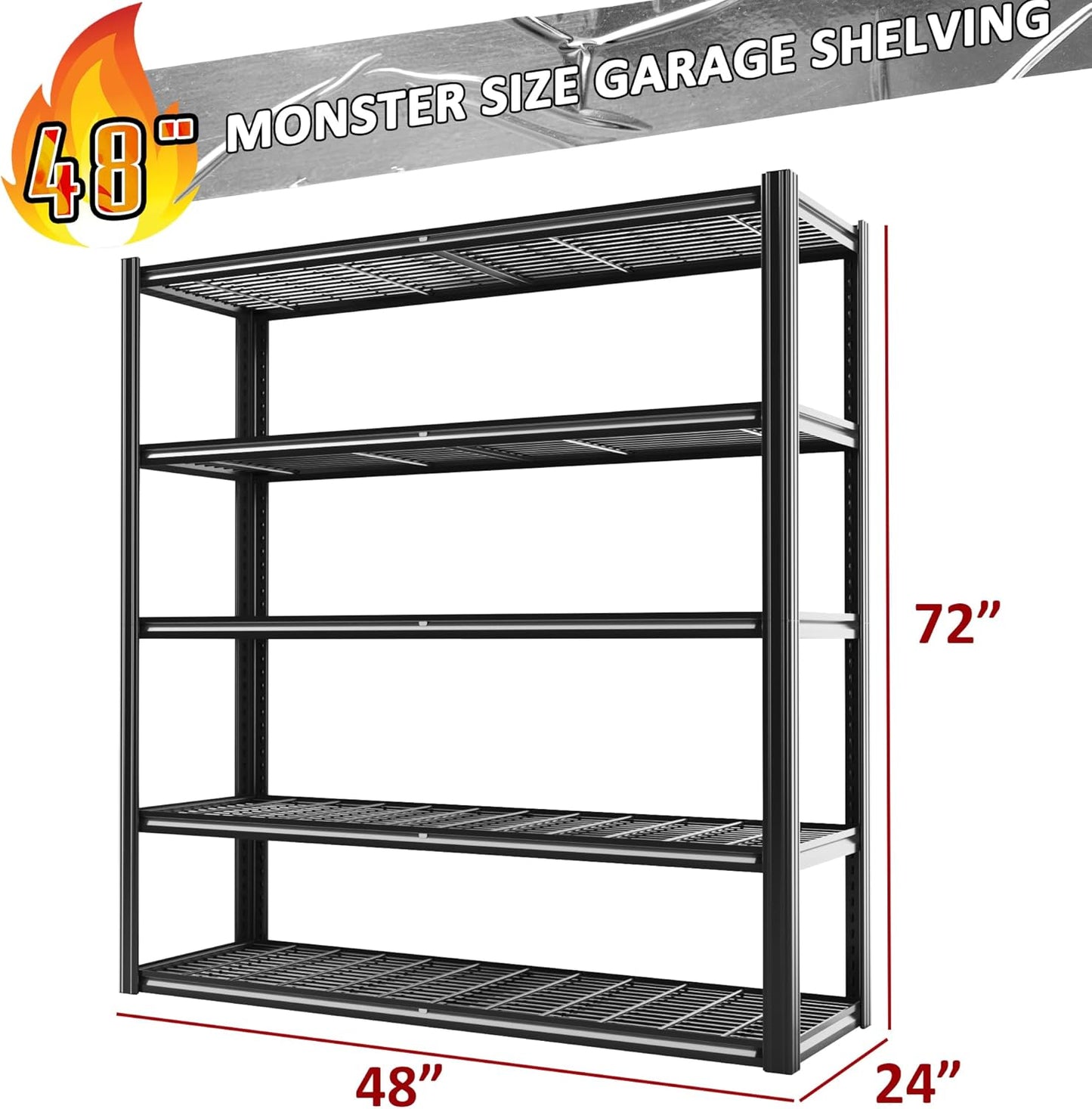 48" W Metal Garage Shelving 5 Tier Storage Shelves Heavy Duty 3030LBS Adjustable Shelf Unit Garage Shelving for Warehouse, Industrial, Basement, 72" H x 48" W x 24" D