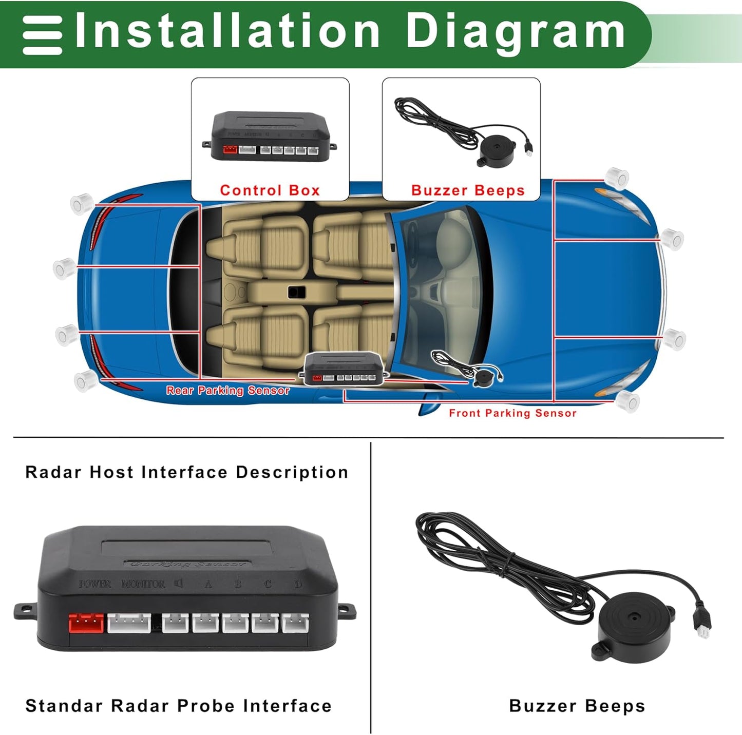 Motoforti Universal Car Auto Vehicle Reverse Backup Radar System Reverse Parking Sensors Alarm Buzzer Reminder Distance Detection White 2 Parking Sensors