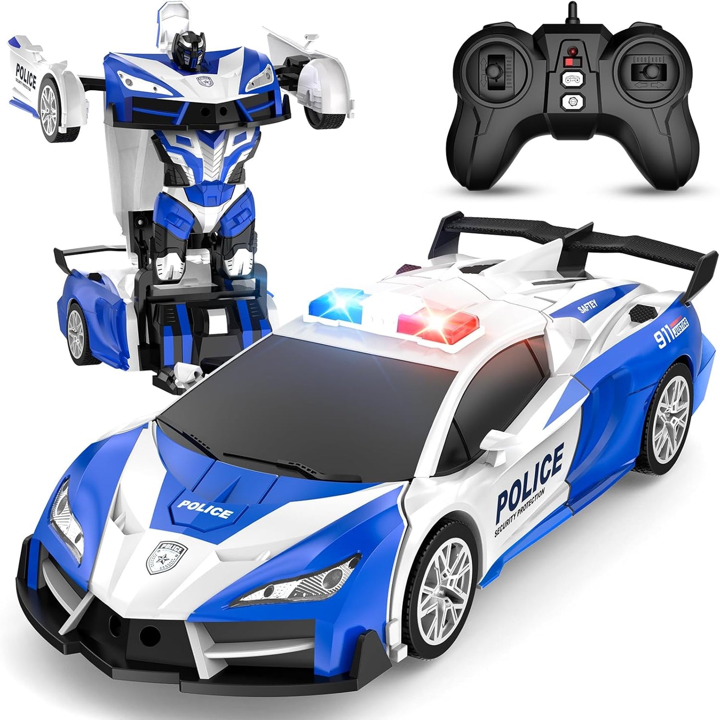 Remote Control Car for Boys 4-7, 2.4GHz RC Car 1:18 Scale, One-Button Transforming Toy with 360° Spins, LED Lights (Blue)
