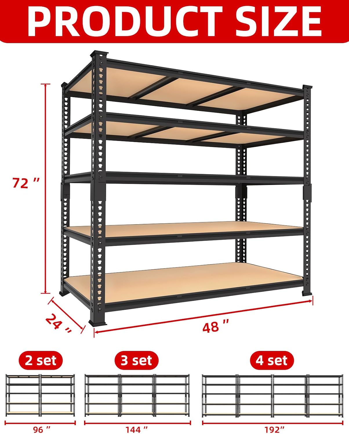 PrimeZone Heavy Duty Garage Storage Shelves - 48" W X 24" D X 72" H Adjustable Metal Shelving Unit, 5 Tier Industrial Shelves for Storage Standing Utility Rack for Warehouse, Basement, Black, 10 Pack