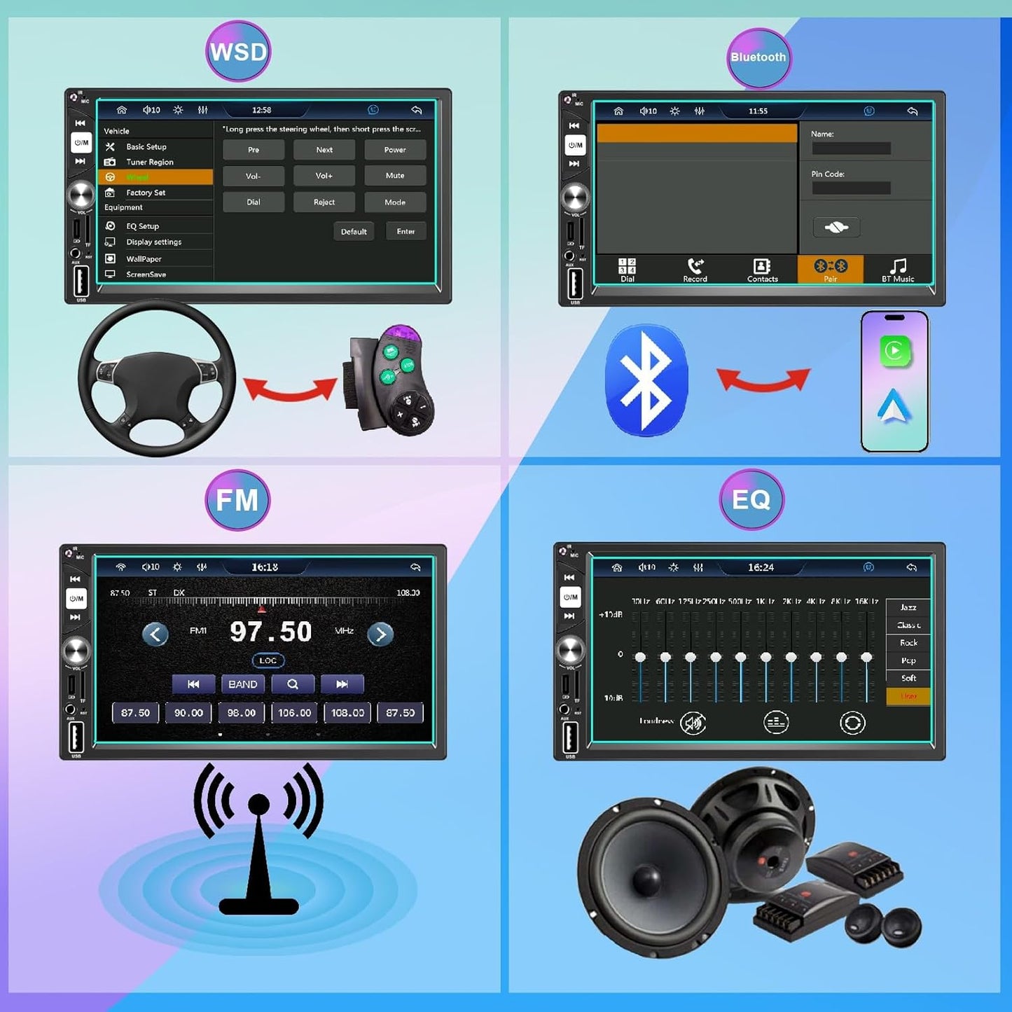 7” Wireless Apple CarPlay Double Din Car Stereo,FM Car Radio,Bluetooth 5.2,IPS Touchscreen 1024 * 600, Backup Camera,EQ Audio,Dual USB+Type-c Charging,Subwoord,Android Auto,Navigation,CarPlay MP5