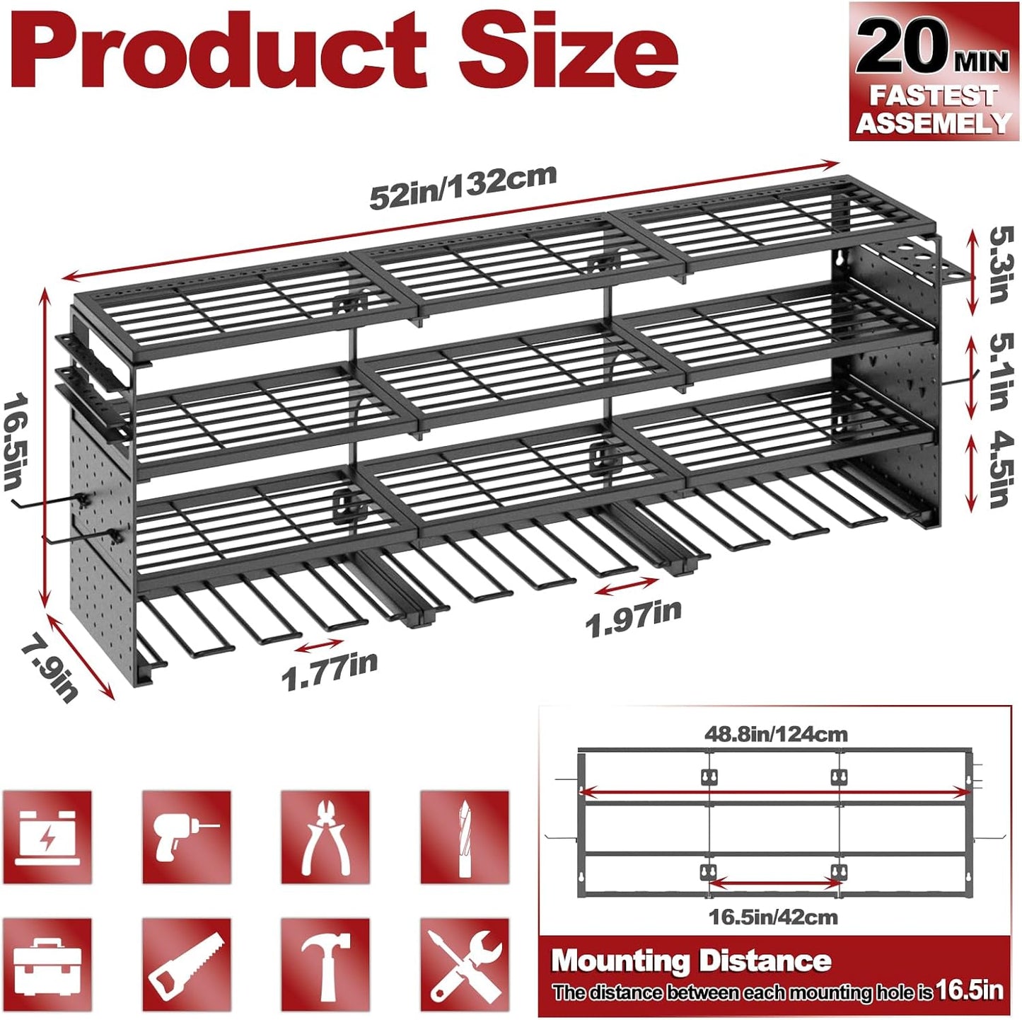 52" W Large Power Tool Organizer Wall Mount -12 Drill Holder for Garage,4 Layer Heavy Duty Power Tool Rack,Tool Organizer Storage for Workshop Garage Basement,Gifts for Men Dad Husband