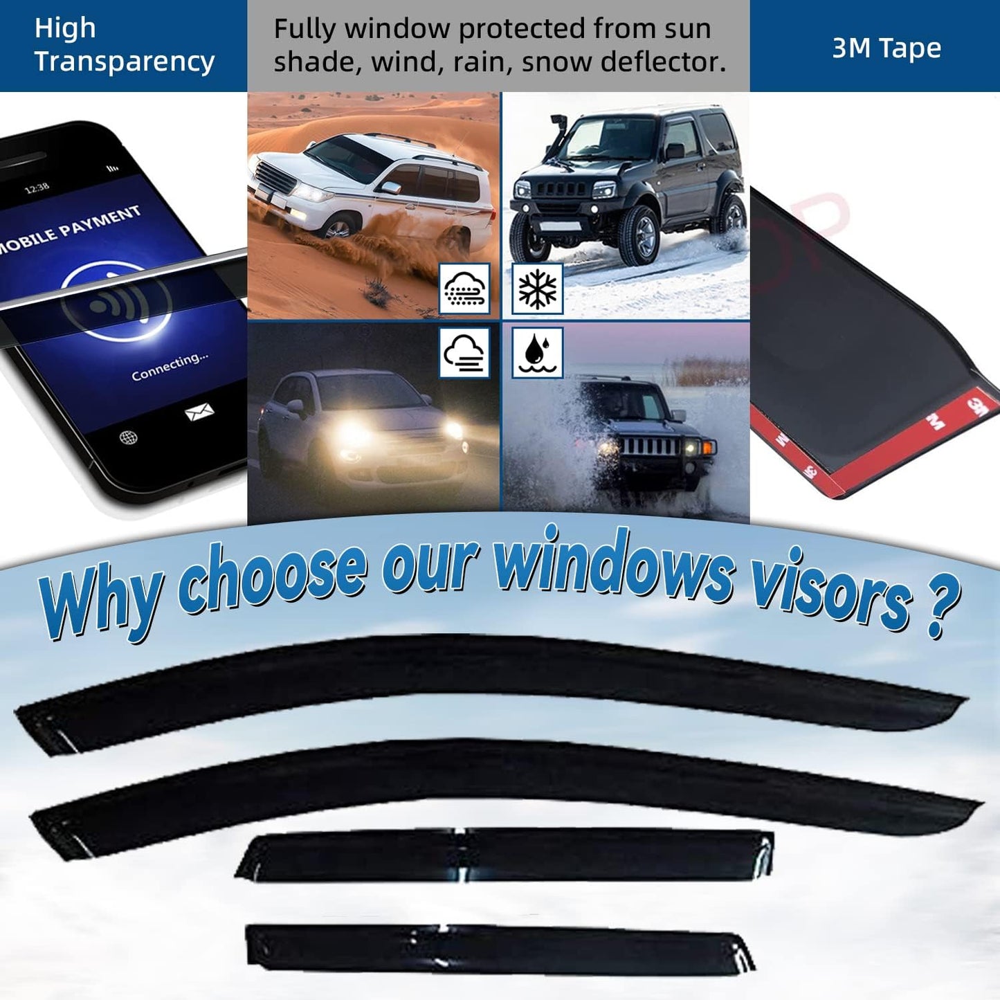 4pcs Front+Rear Smoke Sun/Rain Guard Outside Mount Tape-On Window Visors Compatible with 07-14 Edge 07-15 MKX