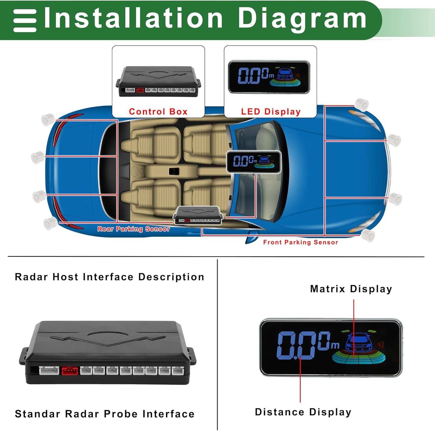 Motoforti Car Auto Vehicle Reverse Backup Radar System Reverse Parking Sensors Sound Warning Alarm Buzzer Reminder Distance Detection White 8 Parking Sensors
