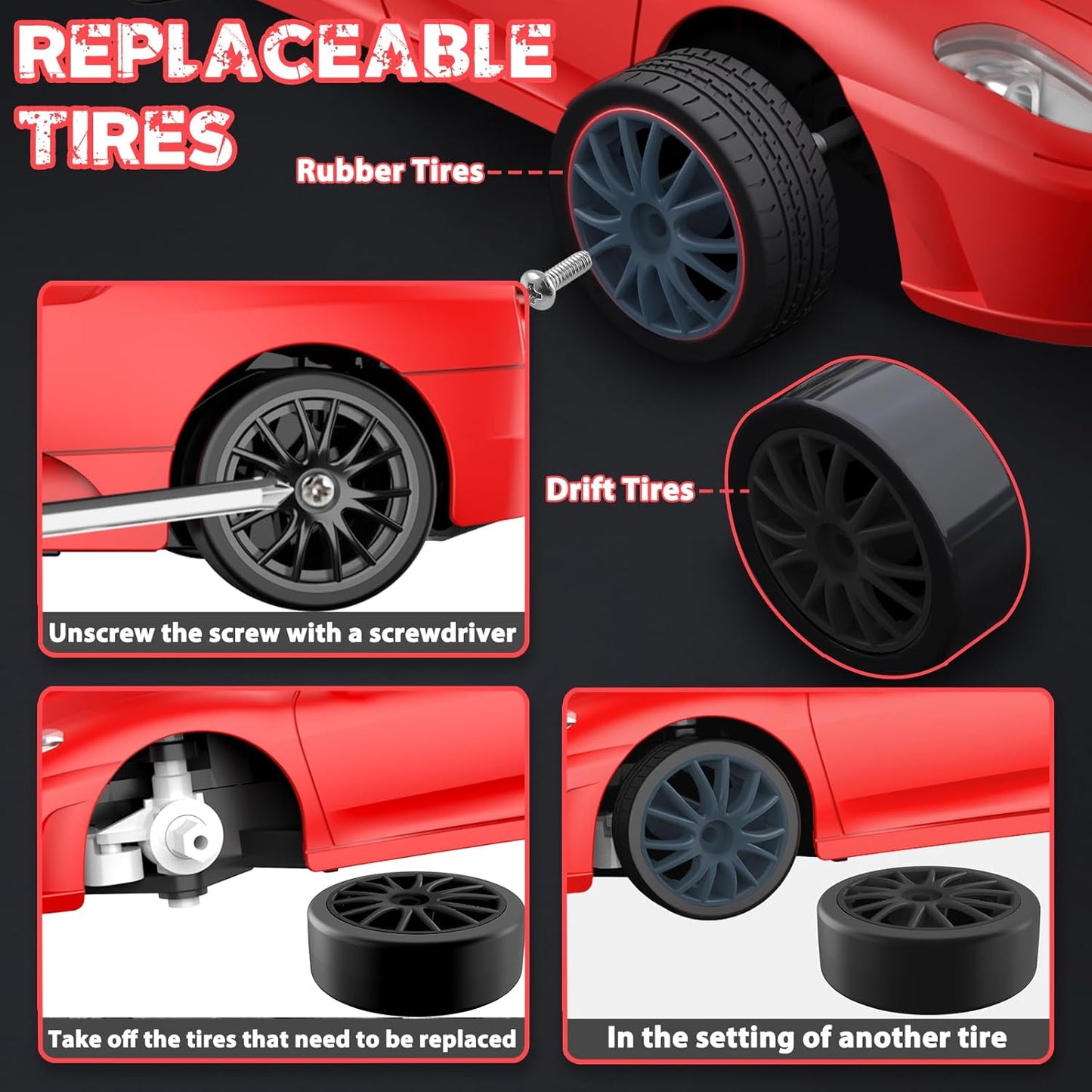 RC Drift Car, 2.4GHz Remote Control Cars 1/24 4WD High Speed Drift Car with LED Lights and Dritfing Tires Vehicle Racing Toy Cars for Boys Girls Adults Kids (Red)