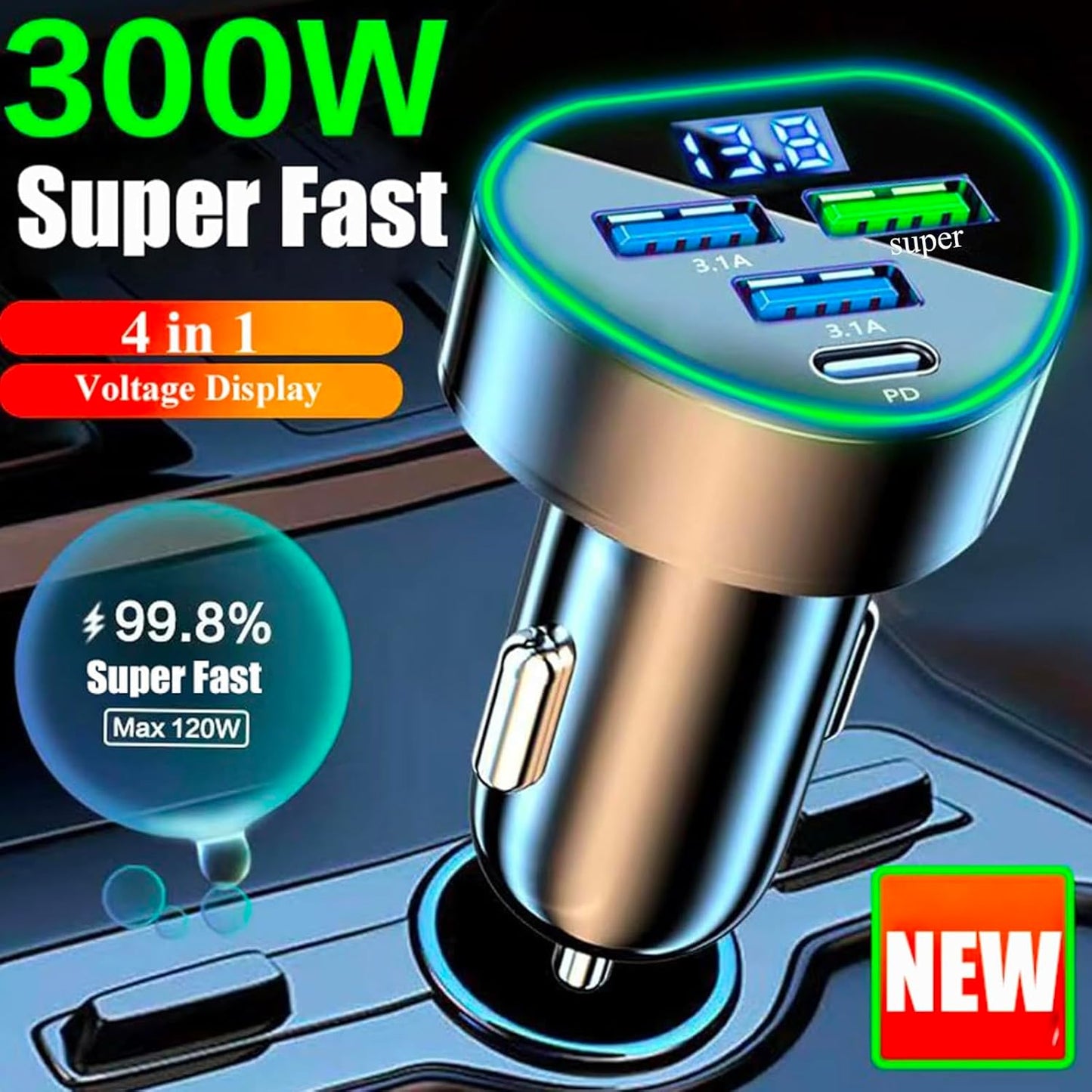 Multi Port USB C Car Phone Charger Adapter 4 in 1 with Voltage Display Super Fast Cigarette Lighter USB Charge with Volt Meter for iPhone 16/15/14/13/12 Galaxy Android Phones
