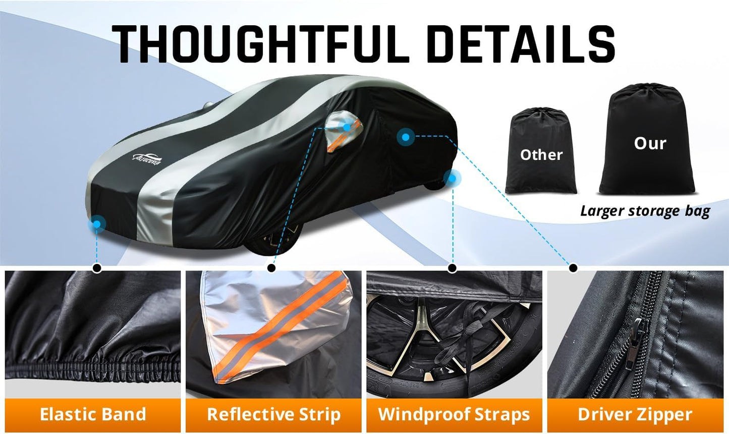 Full Exterior Covers with Silver Stripe Design,Sedan Car Cover for Waterproof Universal Fit Toyota Corolla Prius, Ford Focus Sedan, Hyundai Elantra, Kia Forte, Nissan Sentra, VW Jetta