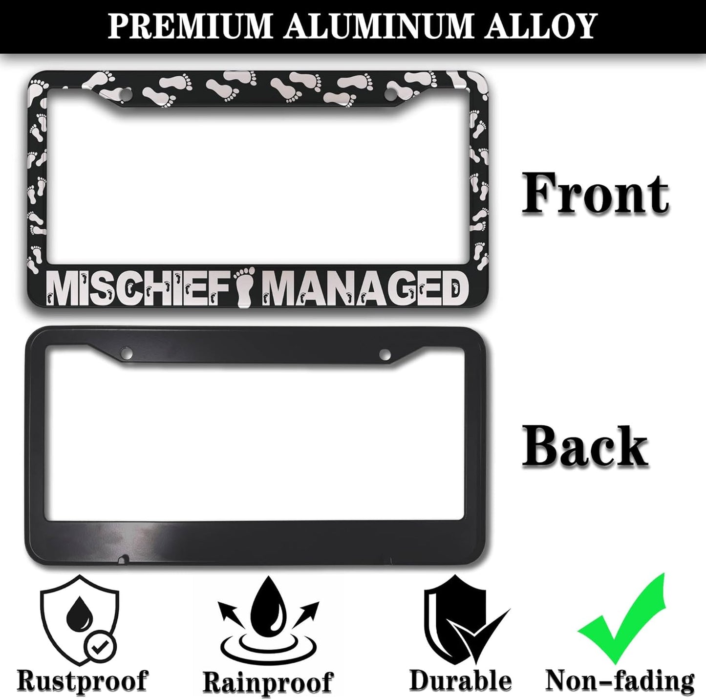 Automotive Exterior Accessories Black and White License Plate Frames Mischief Managed Universal Aluminum Car Accessory 2 Pack with Screw Covers Set