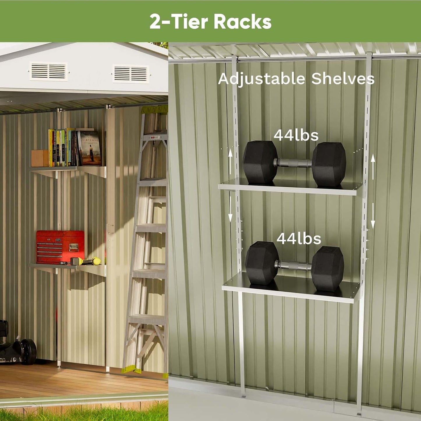 Patiowell 8x10 FT Outdoor Storage Shed with Detachable Storage Rack, Large Garden Tool Metal Shed with Sloping Roof and Double Lockable Door, Outdoor Shed for Backyard Garden Patio Lawn,Grey