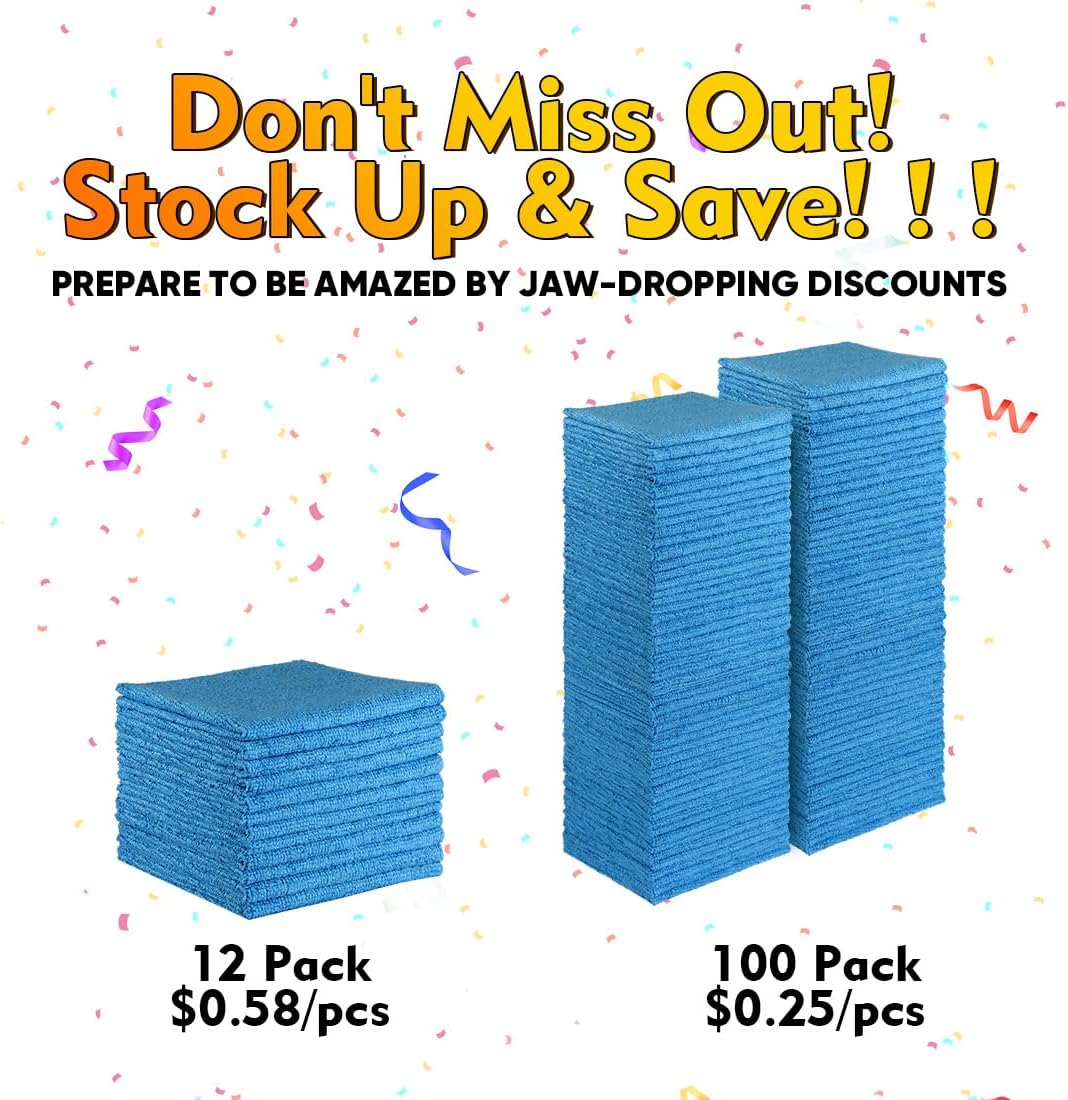 HOMEXCEL Blue Shop Towels 100 Pack, Reusable Microfiber Towels for Cars, Bulk Multipurpose Microfiber Cleaning Cloths, Lint Free Cleaning Rags for Car, House and Kitchen, 11.5 x 11.5 inch