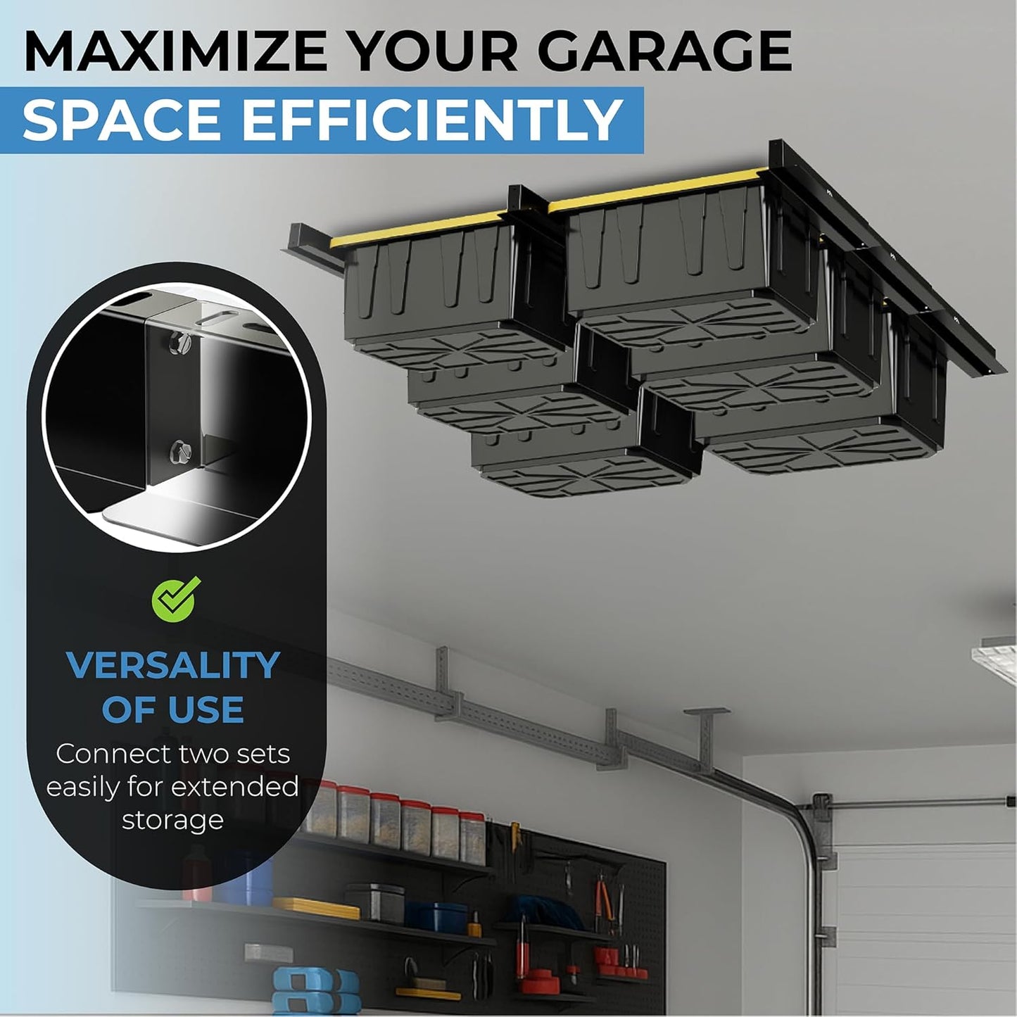 Heavy Duty Adjustable Ceiling Mount Garage Shelving for 16"-24" Stud Spacing, Ideal for Garage Storage and Home Organization Solutions