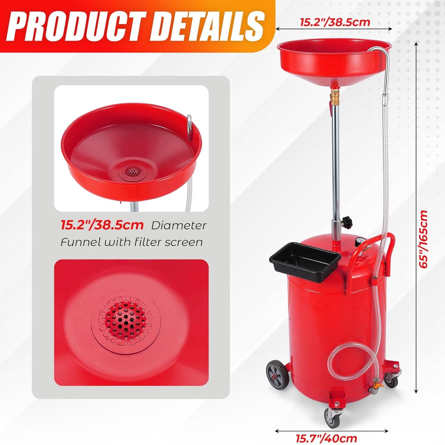 20 Gallon Waste Oil Drain Tank Portable Air Operated Oil Drainer with Adjustable Funnel Height 38-65 Inches 15 Inch Funnel Fluid Fuel Transfer Drain Container with 360 Degree Wheels and Toolbox Red