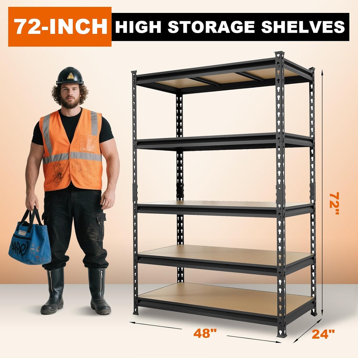 BIG RED Storage Shelving Unit, 5-Tier Adjustable, Heavy Duty Metal Garage Shelves/Utility Rack for Kitchen, Pantry, Basement, Bathroom, Laundry - 3,000lb Capacity, Black, 72" H x 48" W x 24" D